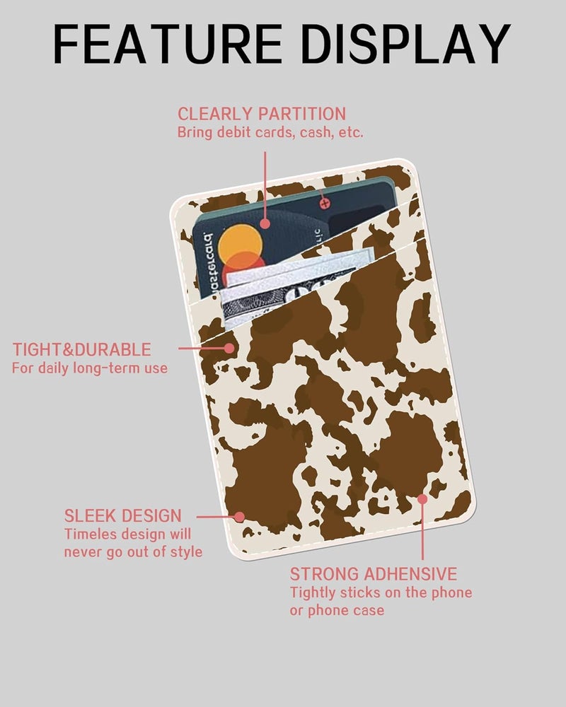 AOHRO Dual Pocket Leather Phone Wallet Adhesive Stick On, Cute Card Holder for Case, Brown Cow Print - Image 5